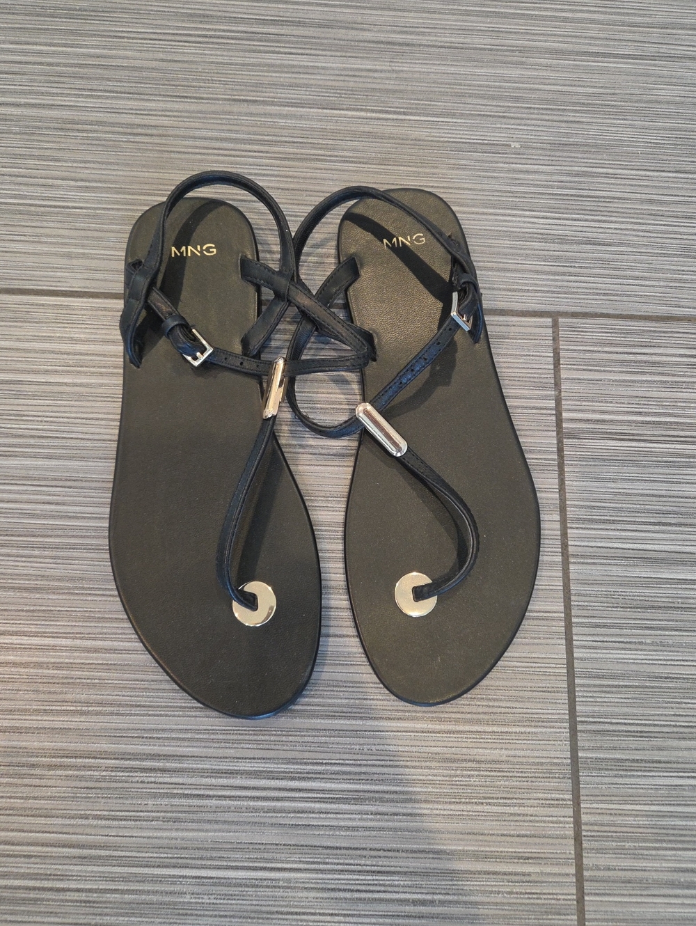 Mango Black T-Strap Sandals with Silver Accents